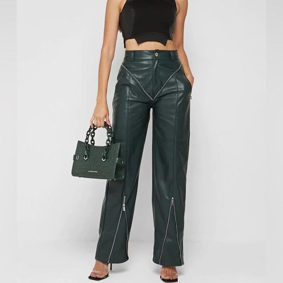 NWT Maniere De Voir Vegan Leather High Waisted Pants Forest Green Size 8 - Picture 2 of 11